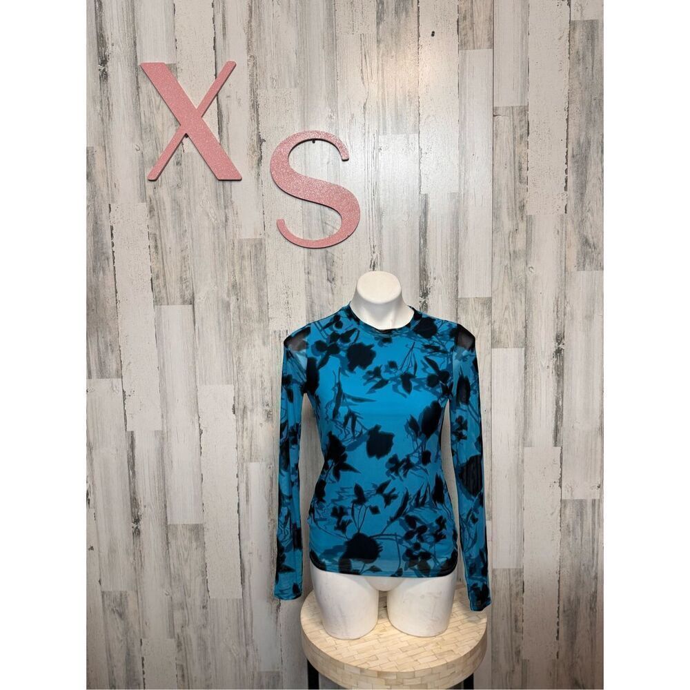 INC International Concepts Blue Black Sheer Floral Mesh Top XS Long Sleeve Stret